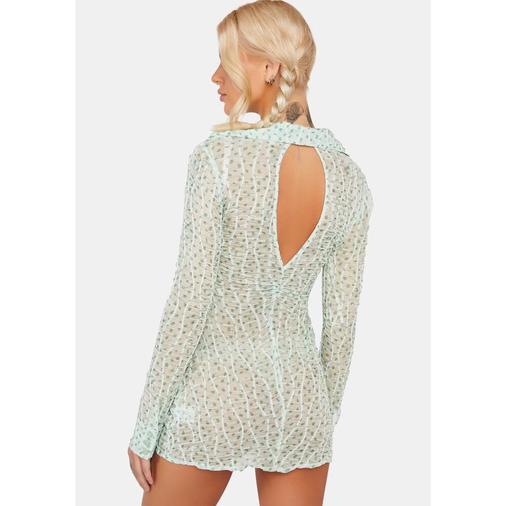 For Love & Lemons Green Polka Dot Drea Long Sleeve Mini Dress Size Small - Picture 2 of 7